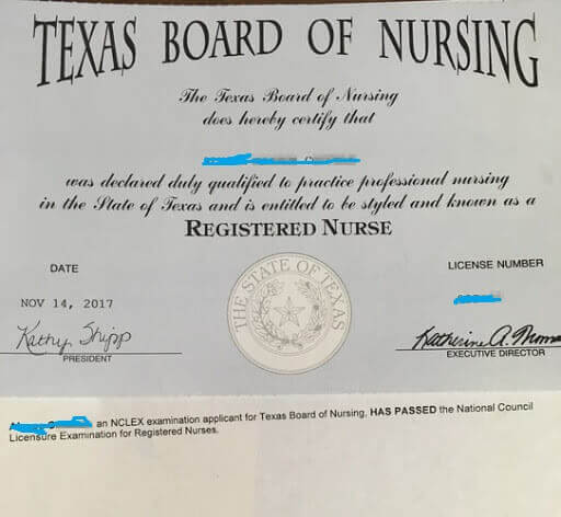sample nclex certificate from the Texas board